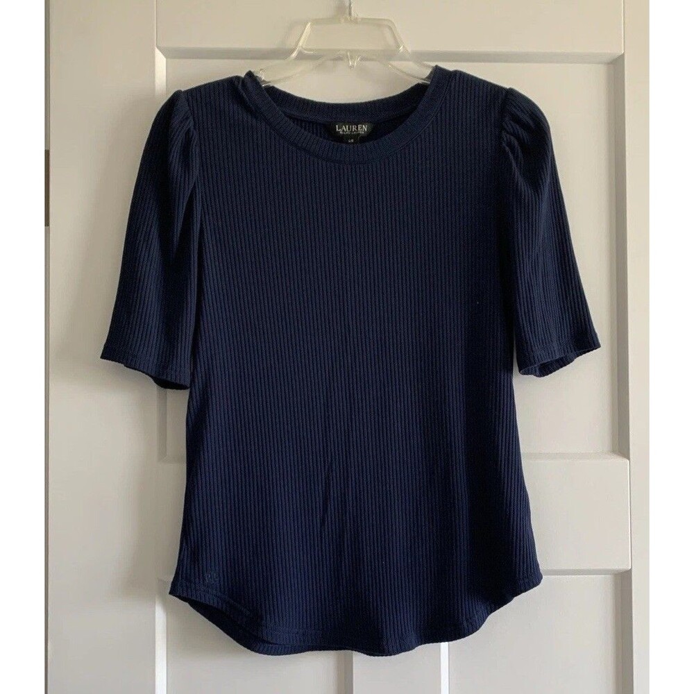 Lauren Ralph Lauren Women's T-Shirt Blue Ribbed Knit 3/4 Puff Sleeve Top Sz L